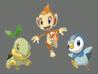 De starters, van links naar rechts: Turtwig, Chimchar en Piplup.